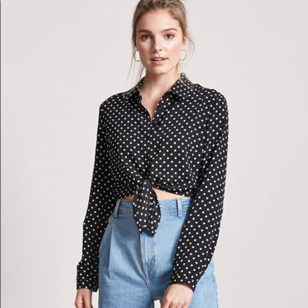 Black polka dot wrap blouse
